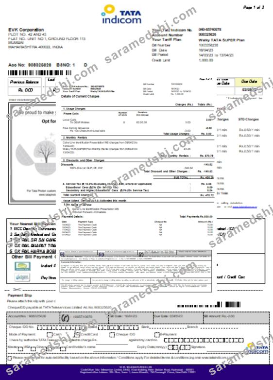 Tata Indicom mobile utility business bill, page 2, SCR